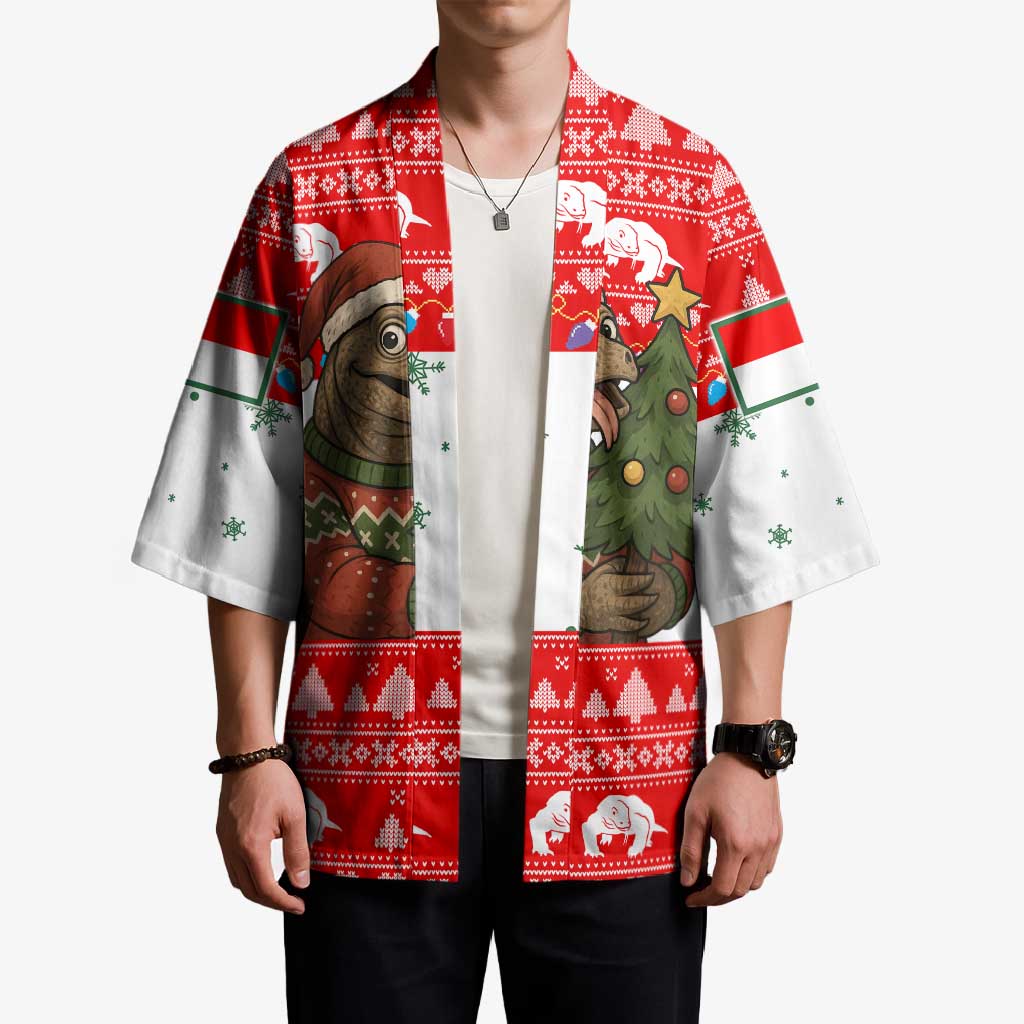 Indonesia Christmas Kimono with Komodo Dragon Santa Hat Christmas Tree and Red White Holiday - Wonder Print Shop
