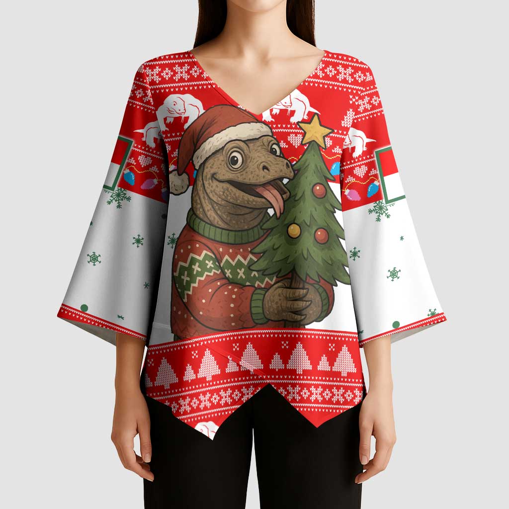 Indonesia Christmas Kimono Sleeve Blouse with Komodo Dragon Santa Hat Christmas Tree and Red White Holiday - Wonder Print Shop