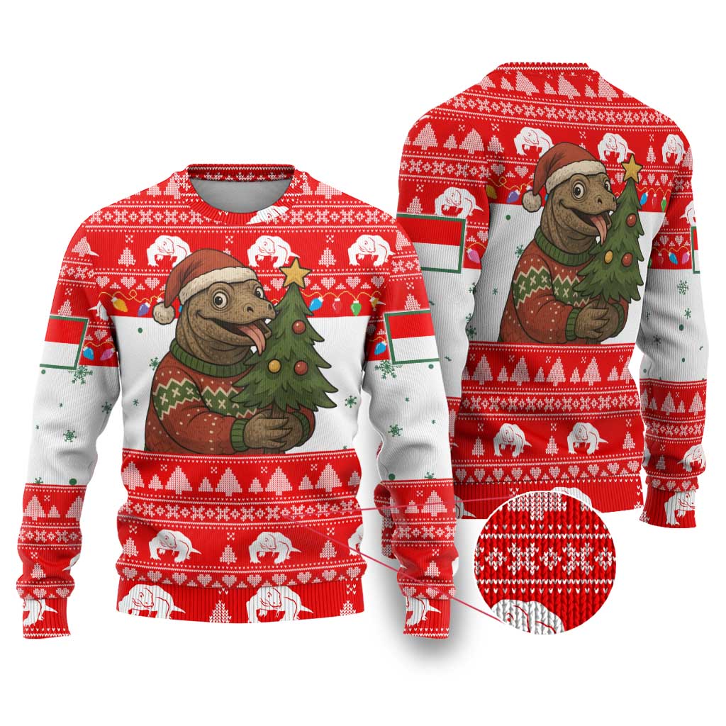 Indonesia Christmas Ugly Christmas Sweater with Komodo Dragon Santa Hat Christmas Tree and Red White Holiday - Wonder Print Shop