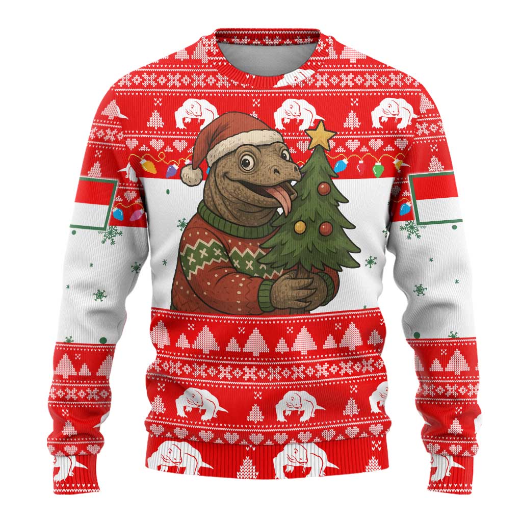 Indonesia Christmas Ugly Christmas Sweater with Komodo Dragon Santa Hat Christmas Tree and Red White Holiday - Wonder Print Shop