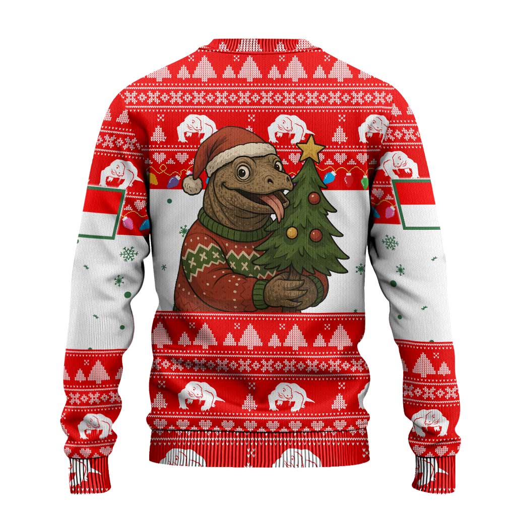 Indonesia Christmas Ugly Christmas Sweater with Komodo Dragon Santa Hat Christmas Tree and Red White Holiday - Wonder Print Shop