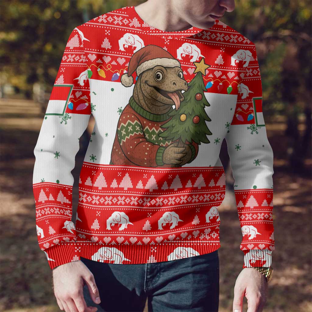 Indonesia Christmas Ugly Christmas Sweater with Komodo Dragon Santa Hat Christmas Tree and Red White Holiday - Wonder Print Shop