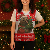 Indonesia Christmas Knitted V-Neck Vest with Komodo Dragon Santa Hat Christmas Tree and Red White Holiday - Wonder Print Shop