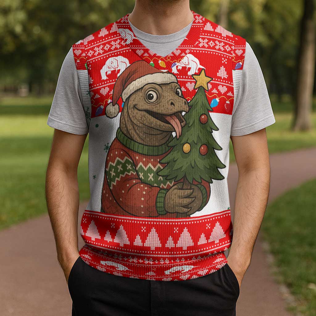 Indonesia Christmas Knitted V-Neck Vest with Komodo Dragon Santa Hat Christmas Tree and Red White Holiday - Wonder Print Shop