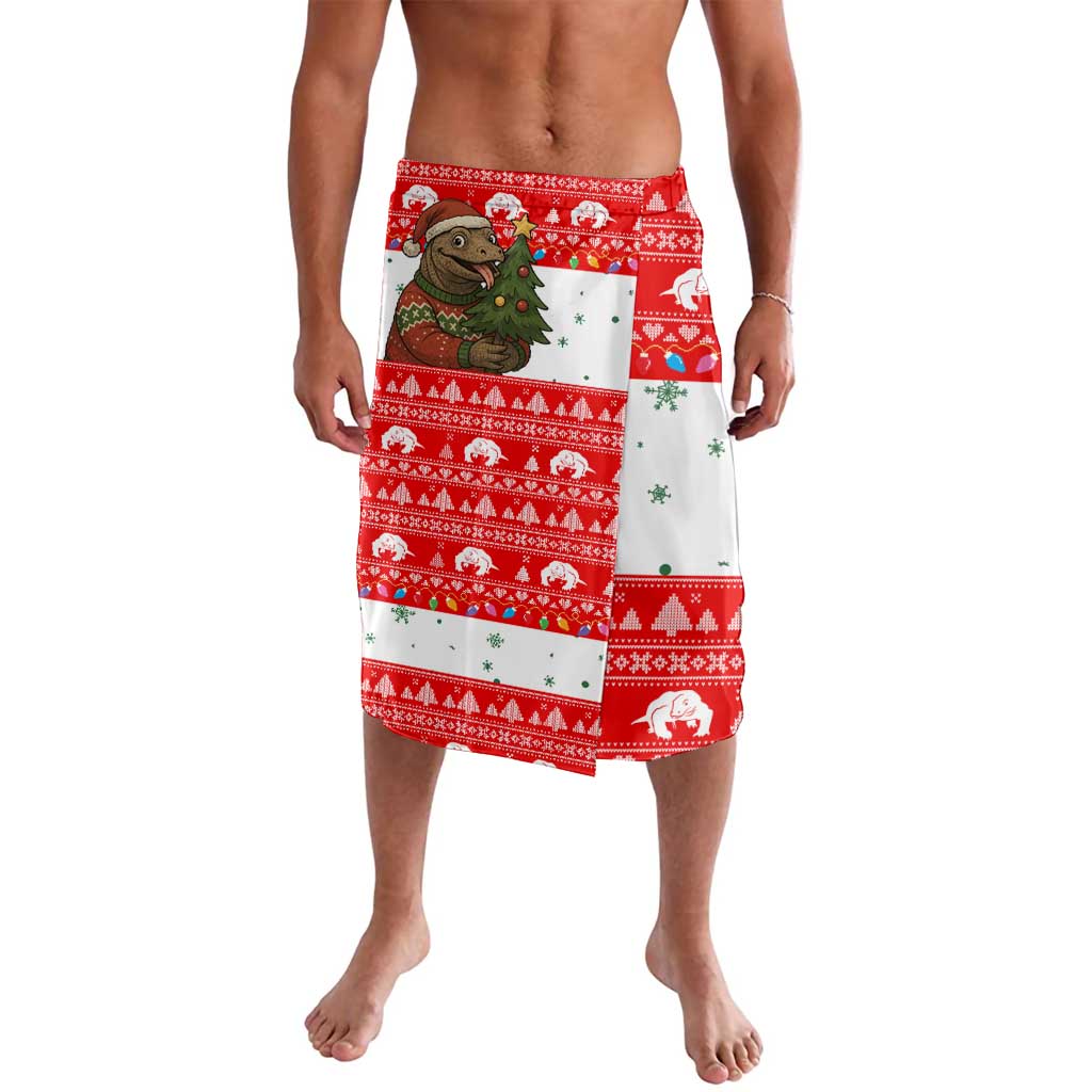 Indonesia Christmas Lavalava with Komodo Dragon Santa Hat Christmas Tree and Red White Holiday - Wonder Print Shop