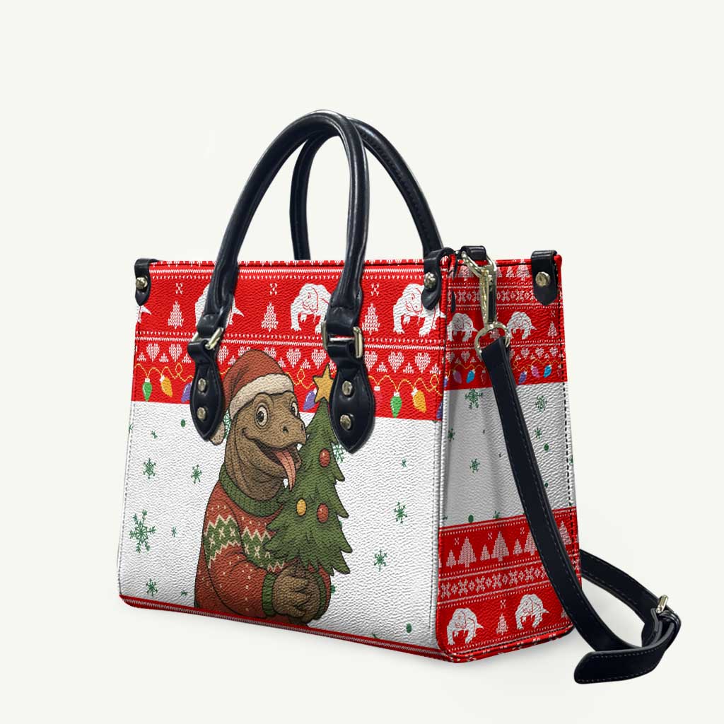 Indonesia Christmas Leather Bag with Komodo Dragon Santa Hat Christmas Tree and Red White Holiday - Wonder Print Shop