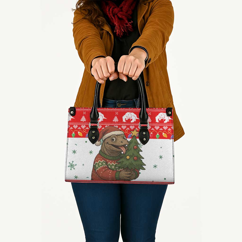 Indonesia Christmas Leather Bag with Komodo Dragon Santa Hat Christmas Tree and Red White Holiday - Wonder Print Shop