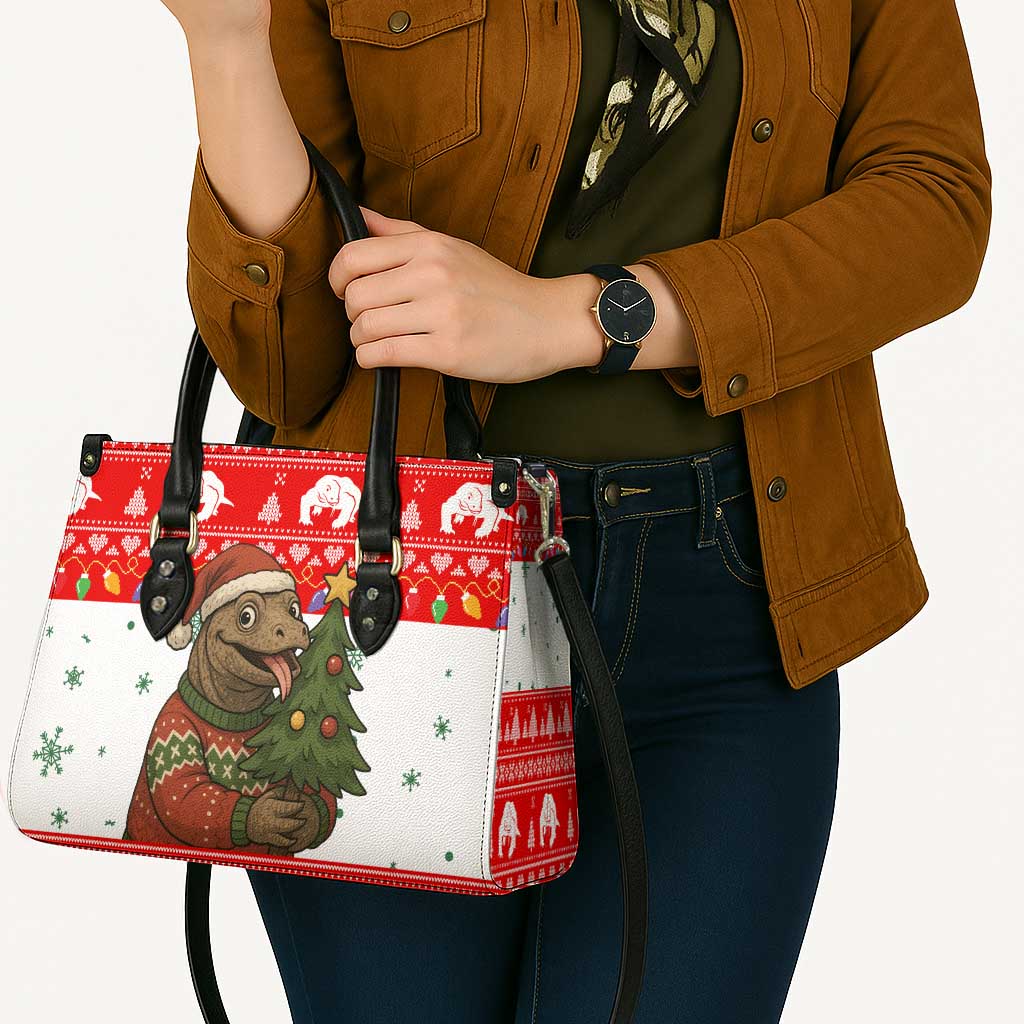 Indonesia Christmas Leather Bag with Komodo Dragon Santa Hat Christmas Tree and Red White Holiday - Wonder Print Shop