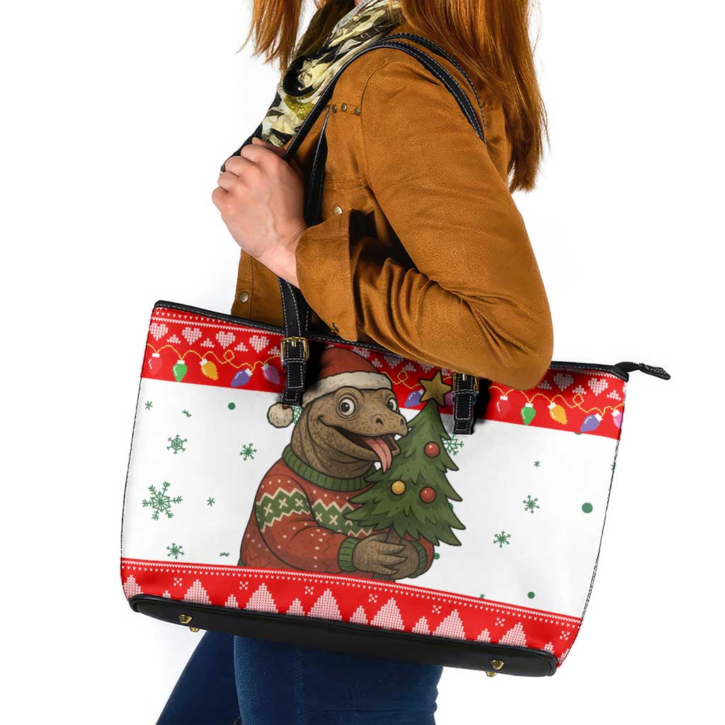 Indonesia Christmas Leather Tote Bag with Komodo Dragon Santa Hat Christmas Tree and Red White Holiday - Wonder Print Shop