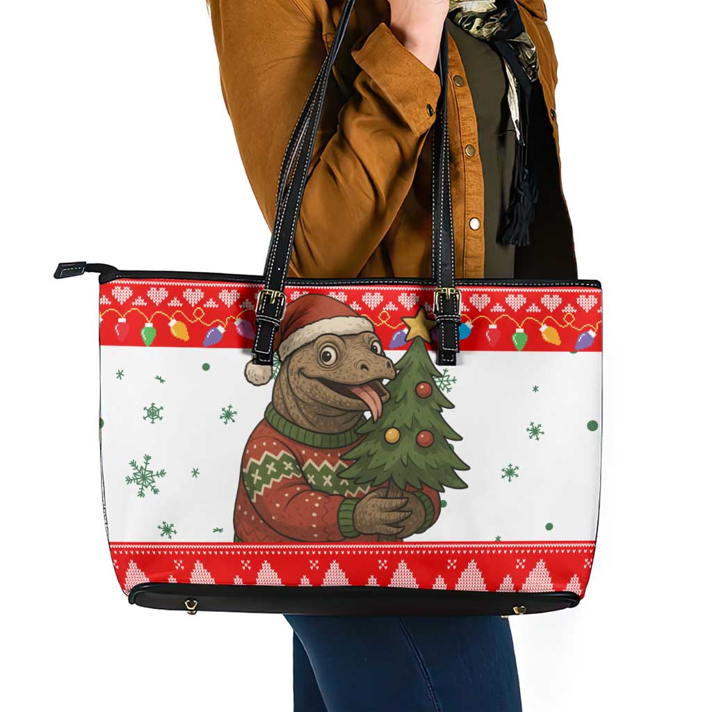 Indonesia Christmas Leather Tote Bag with Komodo Dragon Santa Hat Christmas Tree and Red White Holiday - Wonder Print Shop