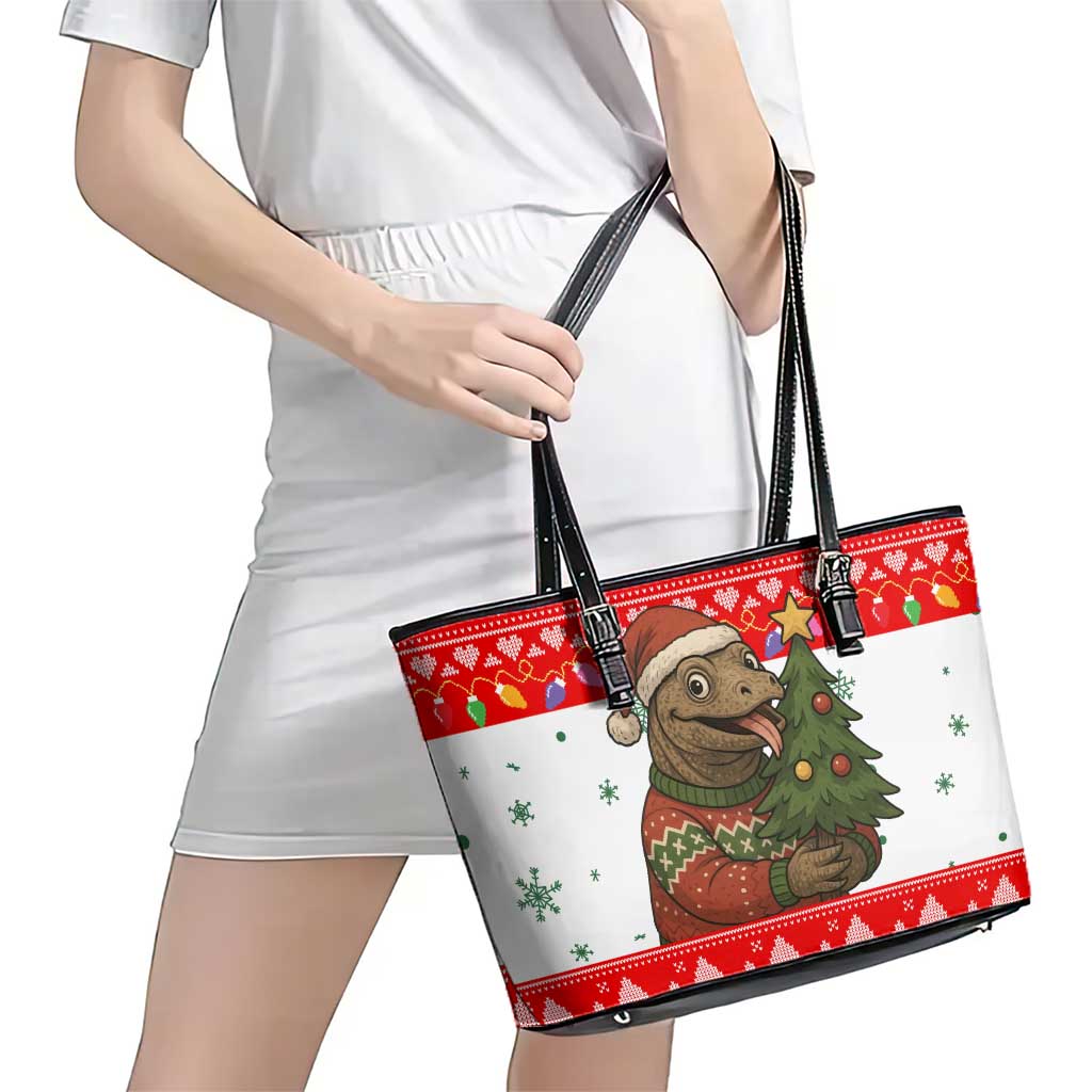 Indonesia Christmas Leather Tote Bag with Komodo Dragon Santa Hat Christmas Tree and Red White Holiday - Wonder Print Shop