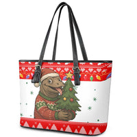 Indonesia Christmas Leather Tote Bag with Komodo Dragon Santa Hat Christmas Tree and Red White Holiday - Wonder Print Shop