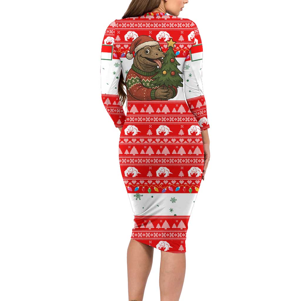 Indonesia Christmas Long Sleeve Bodycon Dress with Komodo Dragon Santa Hat Christmas Tree and Red White Holiday - Wonder Print Shop