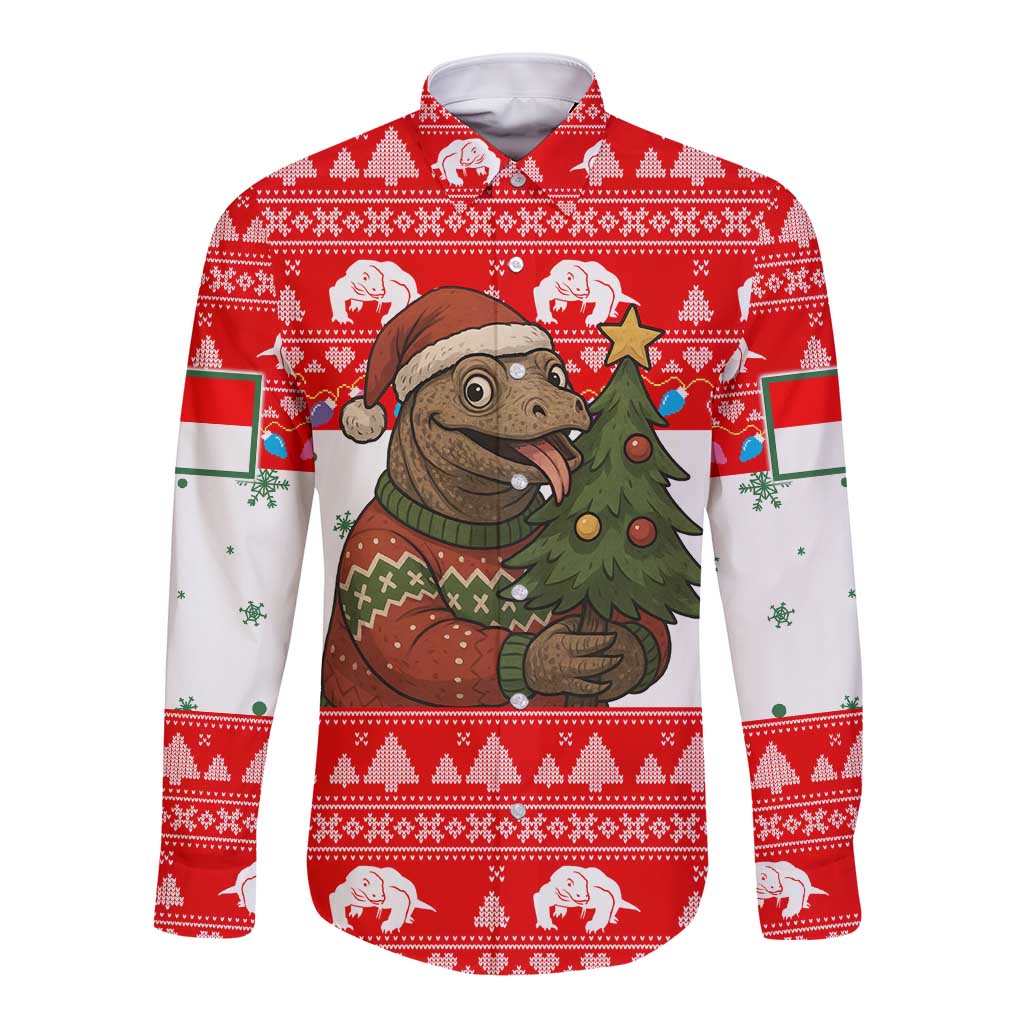 Indonesia Christmas Long Sleeve Button Shirt with Komodo Dragon Santa Hat Christmas Tree and Red White Holiday - Wonder Print Shop