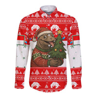 Indonesia Christmas Long Sleeve Button Shirt with Komodo Dragon Santa Hat Christmas Tree and Red White Holiday - Wonder Print Shop