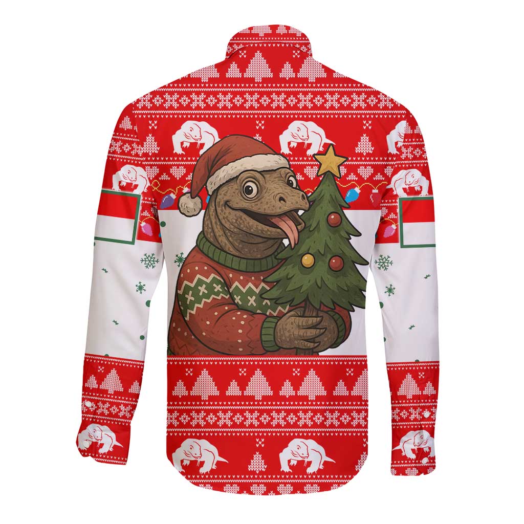 Indonesia Christmas Long Sleeve Button Shirt with Komodo Dragon Santa Hat Christmas Tree and Red White Holiday - Wonder Print Shop
