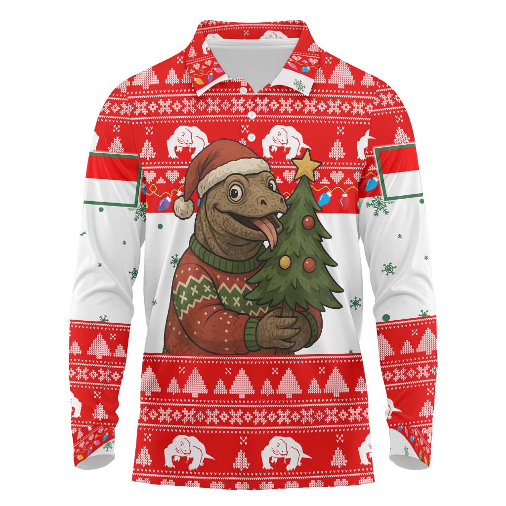 Indonesia Christmas Long Sleeve Polo Shirt with Komodo Dragon Santa Hat Christmas Tree and Red White Holiday - Wonder Print Shop