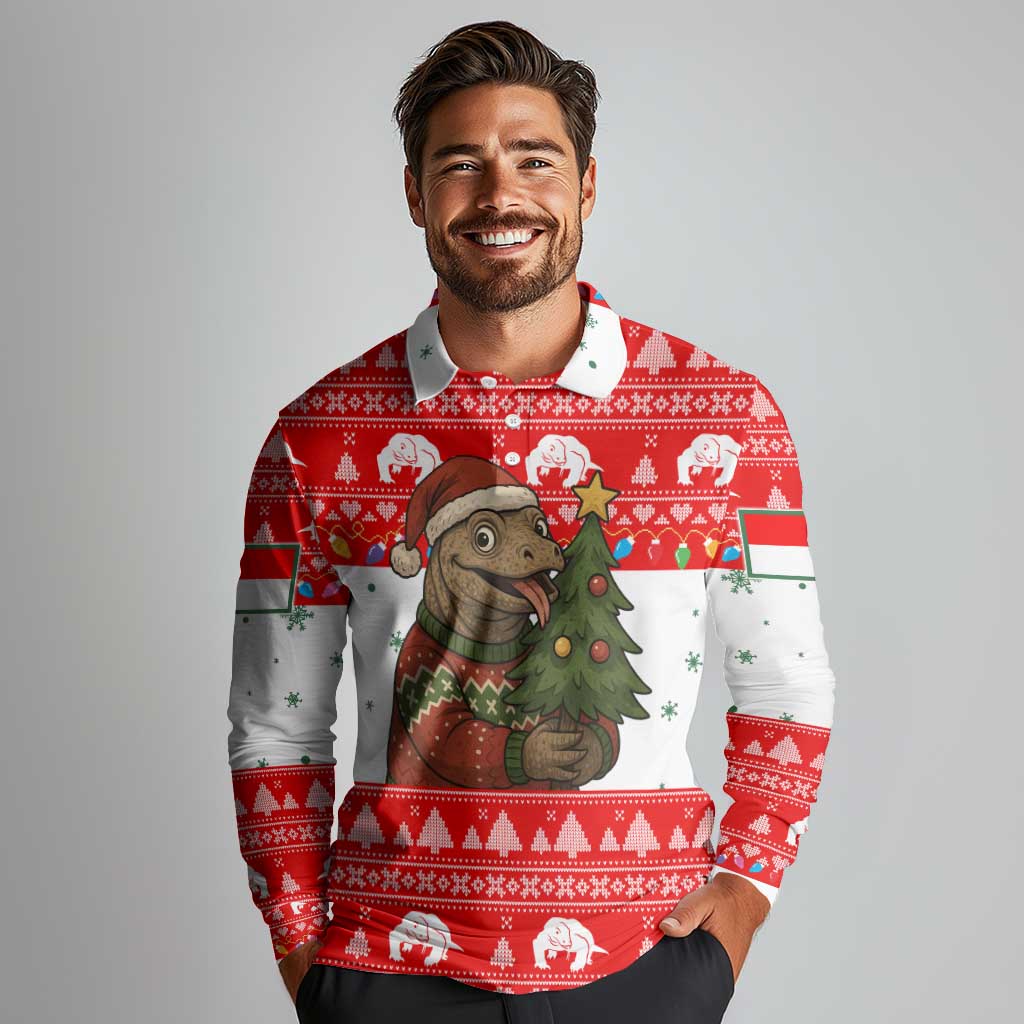 Indonesia Christmas Long Sleeve Polo Shirt with Komodo Dragon Santa Hat Christmas Tree and Red White Holiday - Wonder Print Shop