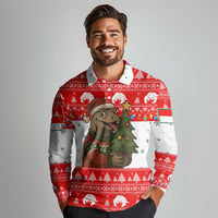 Indonesia Christmas Long Sleeve Polo Shirt with Komodo Dragon Santa Hat Christmas Tree and Red White Holiday - Wonder Print Shop