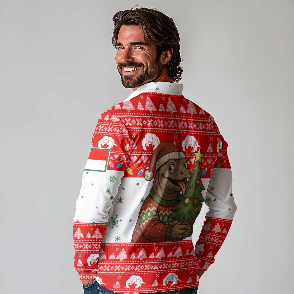 Indonesia Christmas Long Sleeve Polo Shirt with Komodo Dragon Santa Hat Christmas Tree and Red White Holiday - Wonder Print Shop
