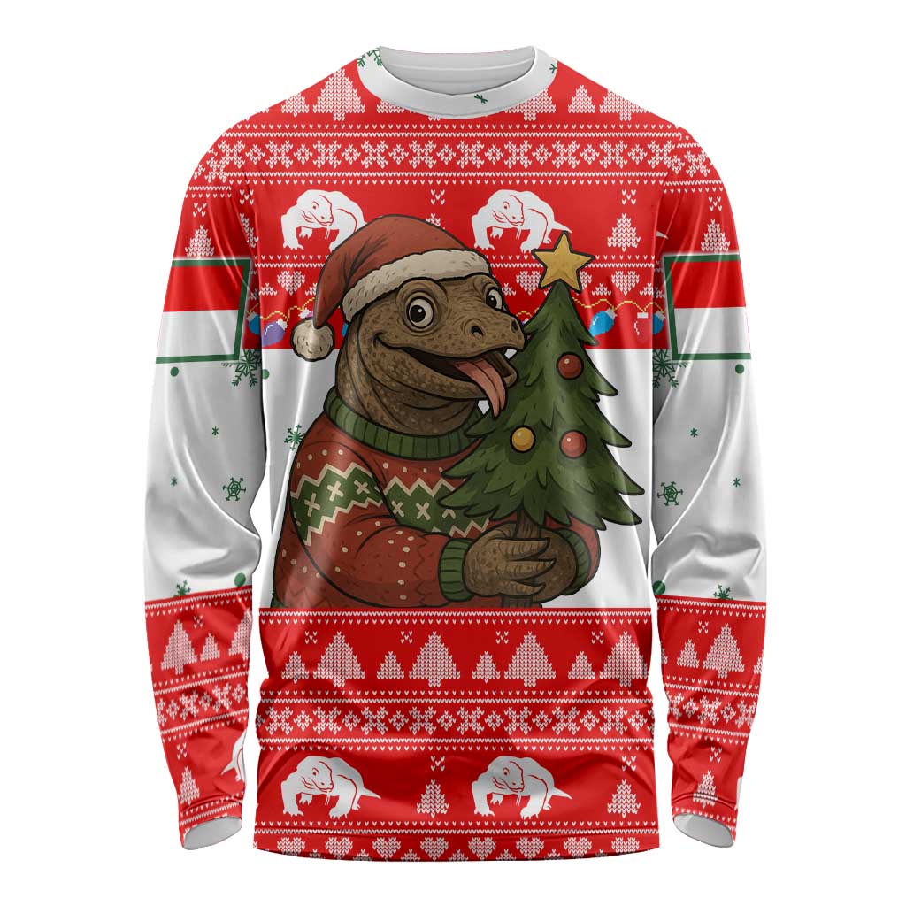 Indonesia Christmas Long Sleeve Shirt with Komodo Dragon Santa Hat Christmas Tree and Red White Holiday - Wonder Print Shop