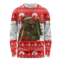 Indonesia Christmas Long Sleeve Shirt with Komodo Dragon Santa Hat Christmas Tree and Red White Holiday - Wonder Print Shop