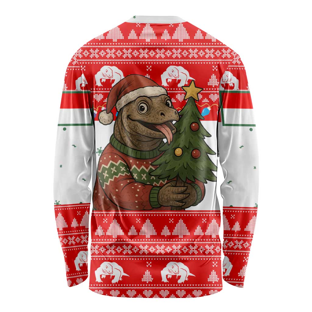 Indonesia Christmas Long Sleeve Shirt with Komodo Dragon Santa Hat Christmas Tree and Red White Holiday - Wonder Print Shop