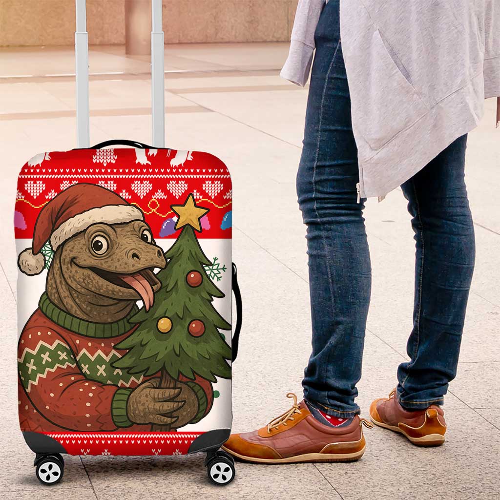 Indonesia Christmas Luggage Cover with Komodo Dragon Santa Hat Christmas Tree and Red White Holiday - Wonder Print Shop