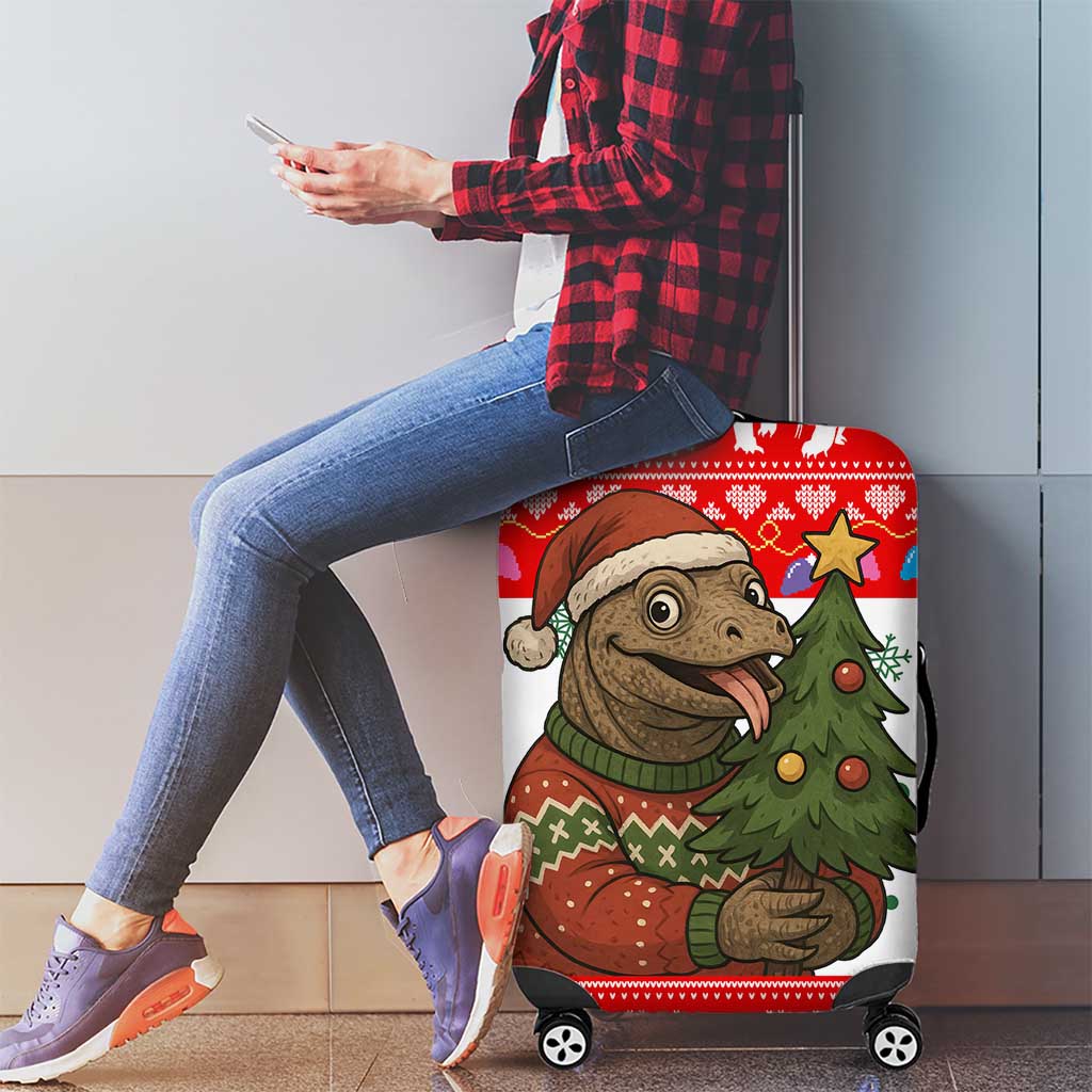 Indonesia Christmas Luggage Cover with Komodo Dragon Santa Hat Christmas Tree and Red White Holiday - Wonder Print Shop