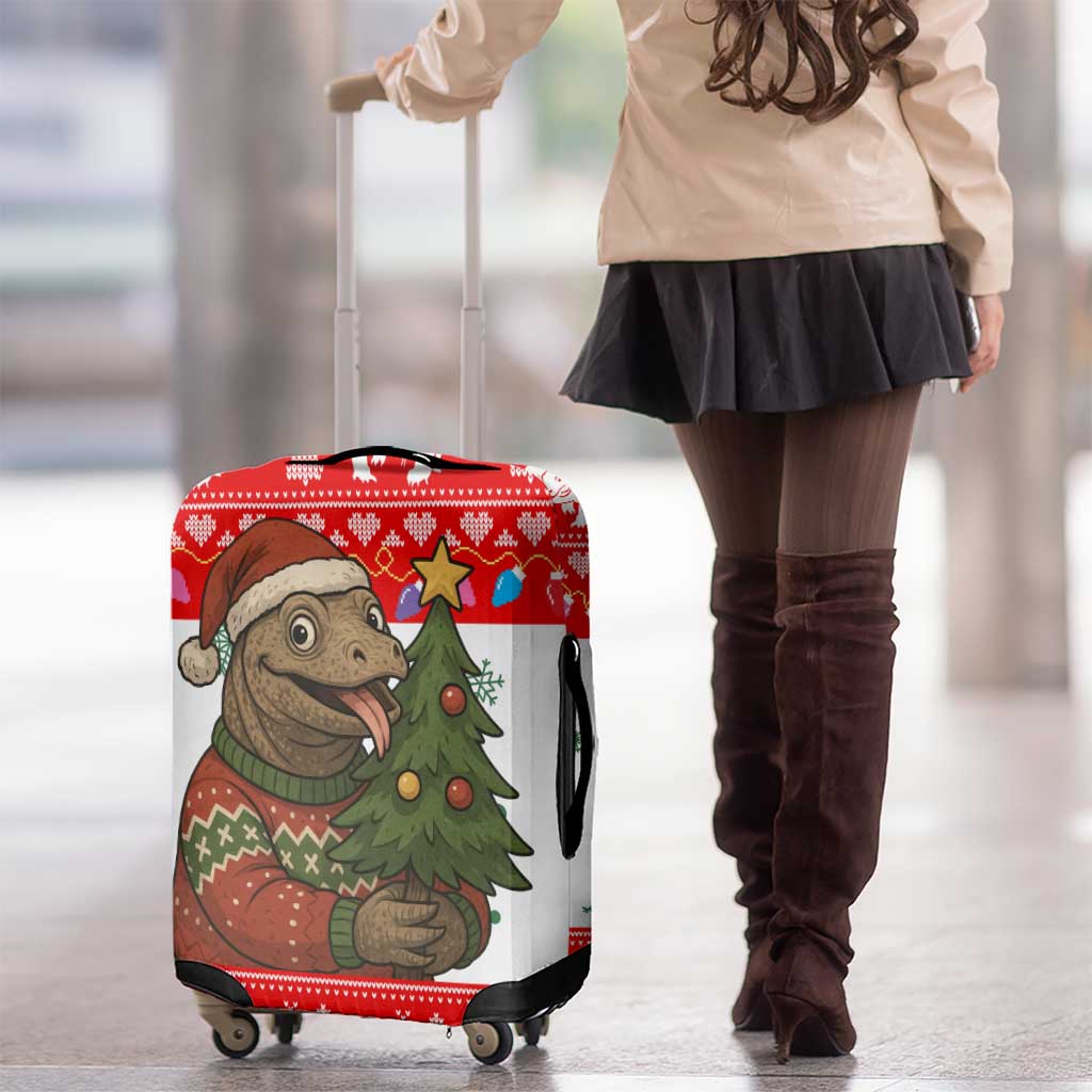Indonesia Christmas Luggage Cover with Komodo Dragon Santa Hat Christmas Tree and Red White Holiday - Wonder Print Shop