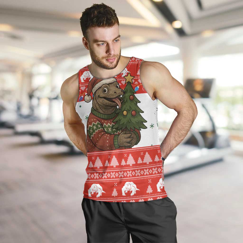 Indonesia Christmas Men Tank Top with Komodo Dragon Santa Hat Christmas Tree and Red White Holiday - Wonder Print Shop