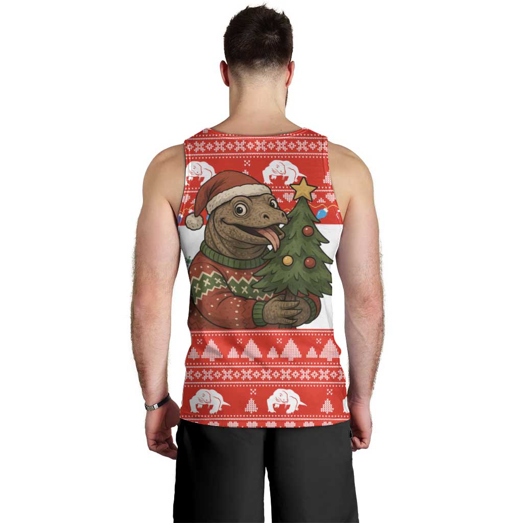 Indonesia Christmas Men Tank Top with Komodo Dragon Santa Hat Christmas Tree and Red White Holiday - Wonder Print Shop