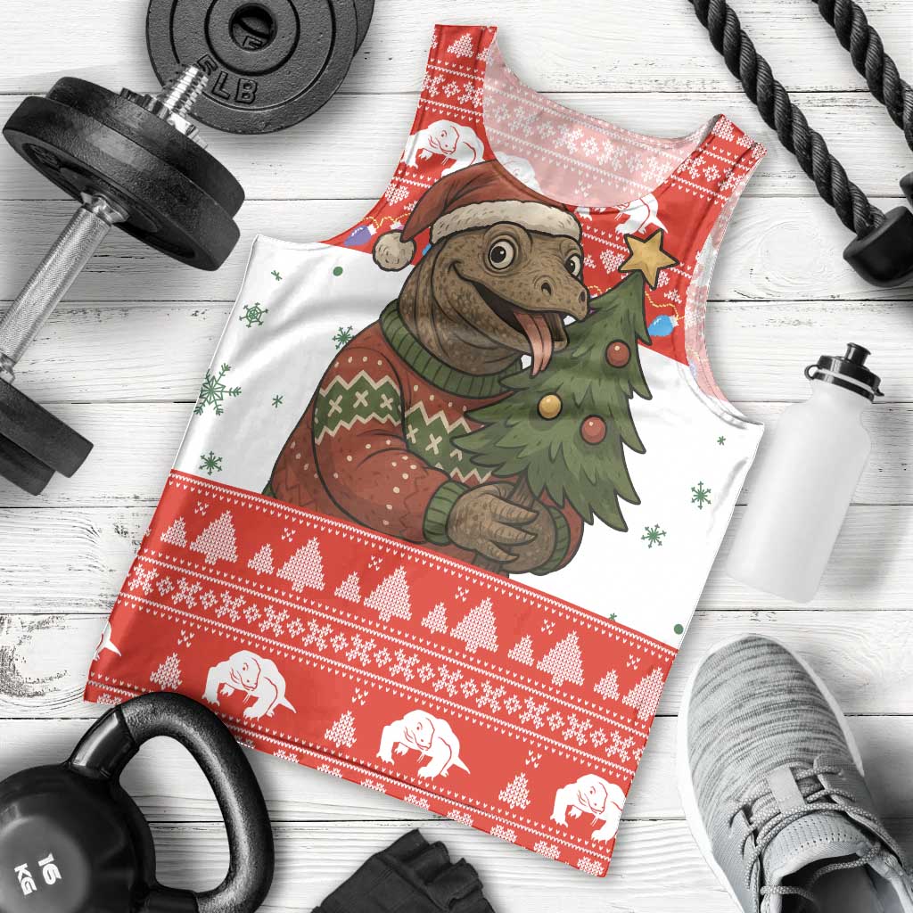 Indonesia Christmas Men Tank Top with Komodo Dragon Santa Hat Christmas Tree and Red White Holiday - Wonder Print Shop