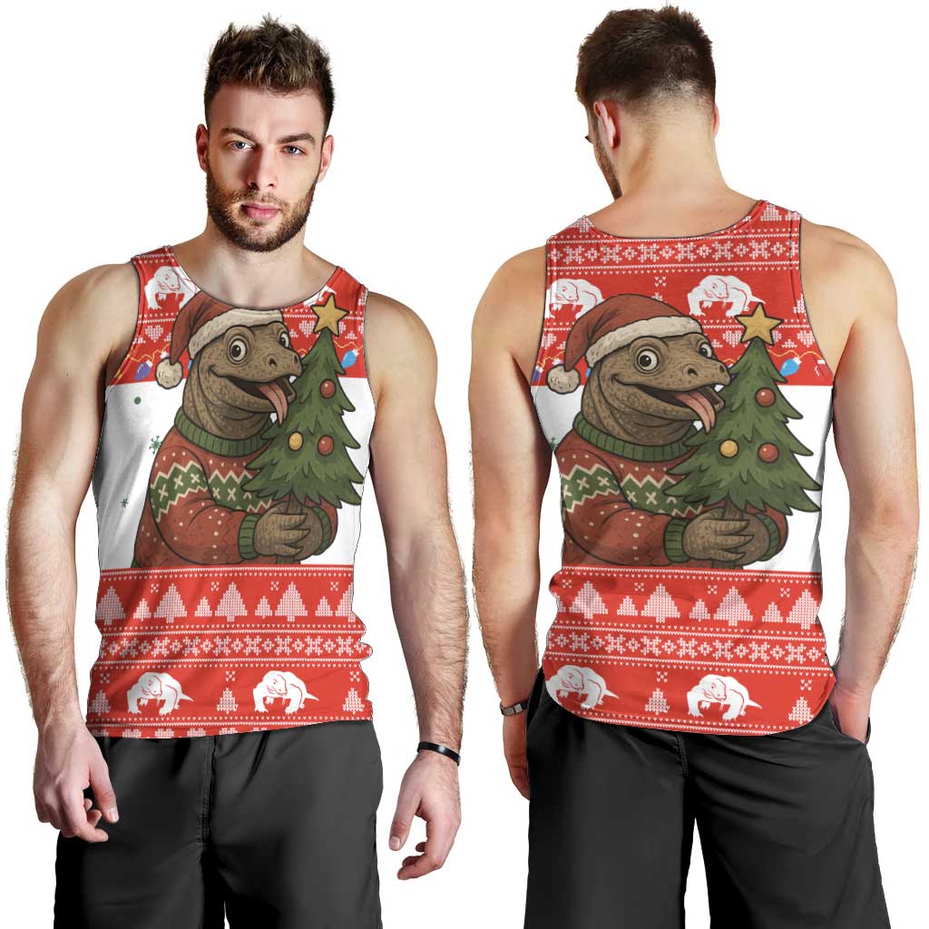 Indonesia Christmas Men Tank Top with Komodo Dragon Santa Hat Christmas Tree and Red White Holiday - Wonder Print Shop