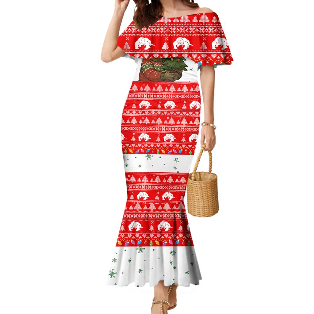 Indonesia Christmas Mermaid Dress with Komodo Dragon Santa Hat Christmas Tree and Red White Holiday - Wonder Print Shop
