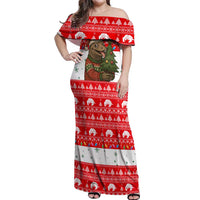Indonesia Christmas Off Shoulder Maxi Dress with Komodo Dragon Santa Hat Christmas Tree and Red White Holiday - Wonder Print Shop