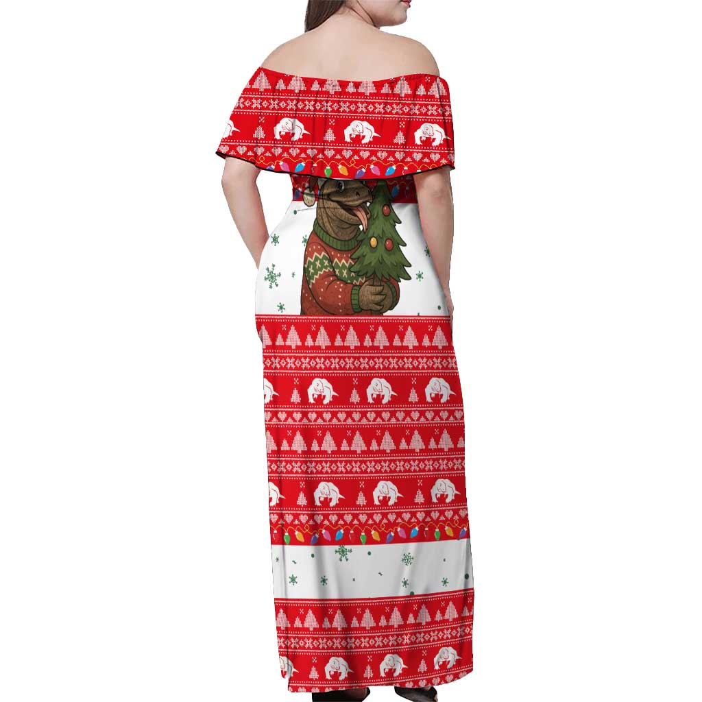 Indonesia Christmas Off Shoulder Maxi Dress with Komodo Dragon Santa Hat Christmas Tree and Red White Holiday - Wonder Print Shop