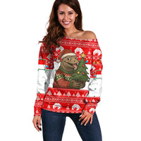 Indonesia Christmas Off Shoulder Sweater with Komodo Dragon Santa Hat Christmas Tree and Red White Holiday - Wonder Print Shop