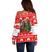 Indonesia Christmas Off Shoulder Sweater with Komodo Dragon Santa Hat Christmas Tree and Red White Holiday - Wonder Print Shop