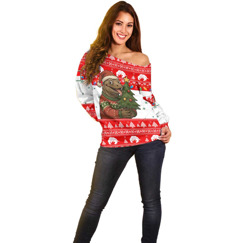 Indonesia Christmas Off Shoulder Sweater with Komodo Dragon Santa Hat Christmas Tree and Red White Holiday - Wonder Print Shop
