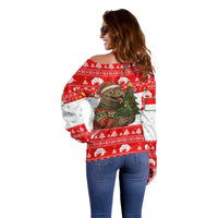 Indonesia Christmas Off Shoulder Sweater with Komodo Dragon Santa Hat Christmas Tree and Red White Holiday - Wonder Print Shop