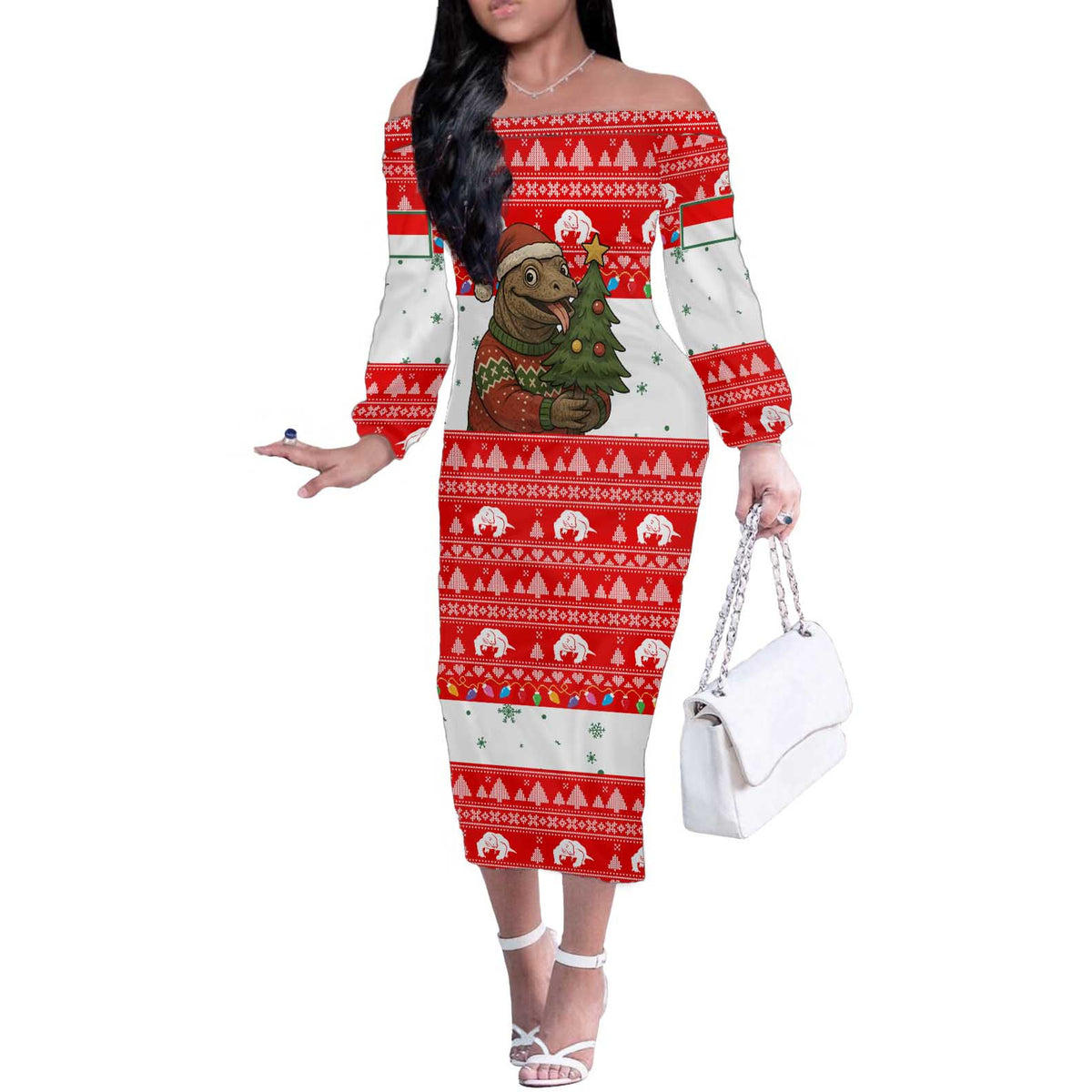 Indonesia Christmas Off The Shoulder Long Sleeve Dress with Komodo Dragon Santa Hat Christmas Tree and Red White Holiday - Wonder Print Shop