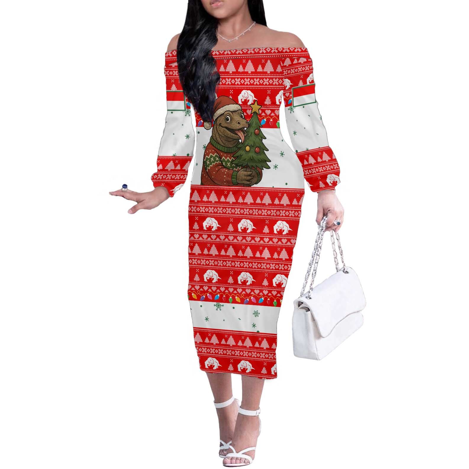 Indonesia Christmas Off The Shoulder Long Sleeve Dress with Komodo Dragon Santa Hat Christmas Tree and Red White Holiday - Wonder Print Shop
