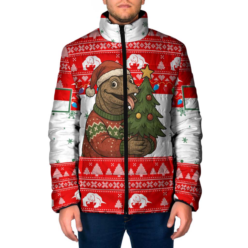Indonesia Christmas Padded Jacket with Komodo Dragon Santa Hat Christmas Tree and Red White Holiday - Wonder Print Shop