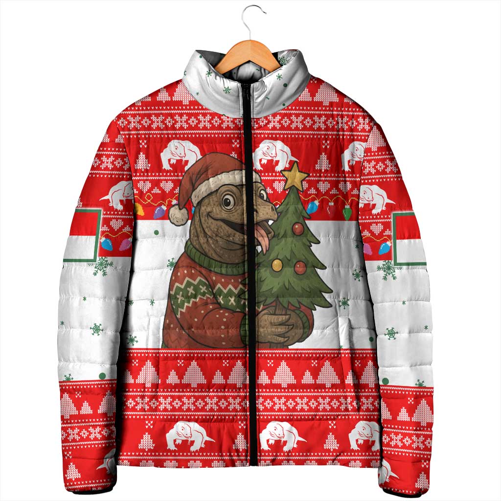 Indonesia Christmas Padded Jacket with Komodo Dragon Santa Hat Christmas Tree and Red White Holiday - Wonder Print Shop