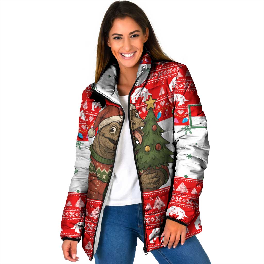 Indonesia Christmas Padded Jacket with Komodo Dragon Santa Hat Christmas Tree and Red White Holiday - Wonder Print Shop
