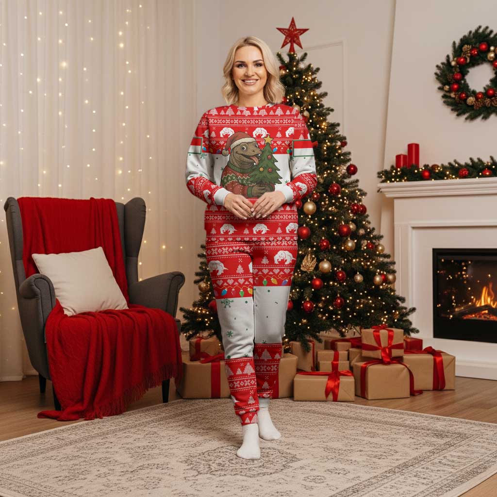 Indonesia Christmas Pajama Set with Komodo Dragon Santa Hat Christmas Tree and Red White Holiday - Wonder Print Shop