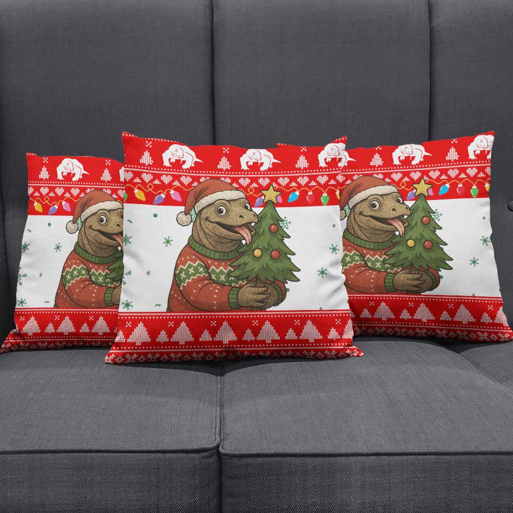 Indonesia Christmas Pillow Cover with Komodo Dragon Santa Hat Christmas Tree and Red White Holiday - Wonder Print Shop