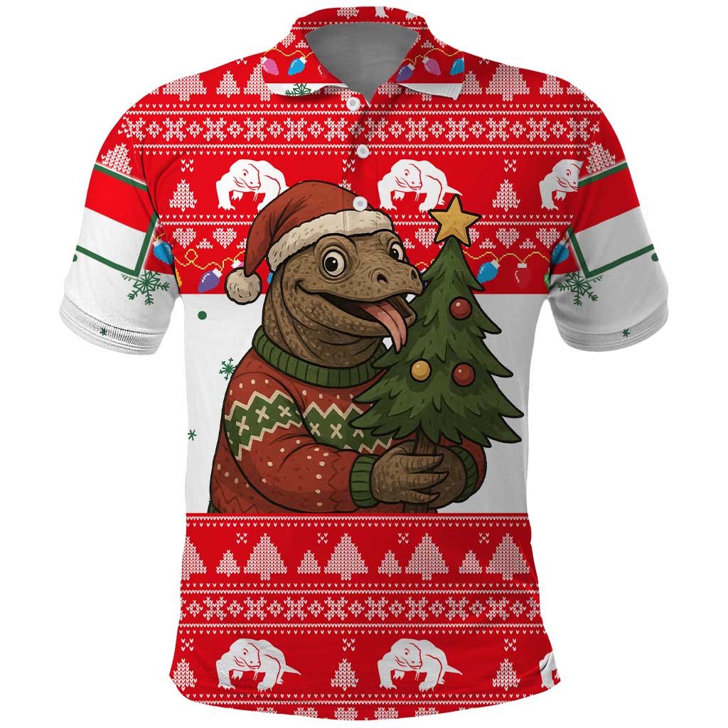 Indonesia Christmas Polo Shirt with Komodo Dragon Santa Hat Christmas Tree and Red White Holiday - Wonder Print Shop