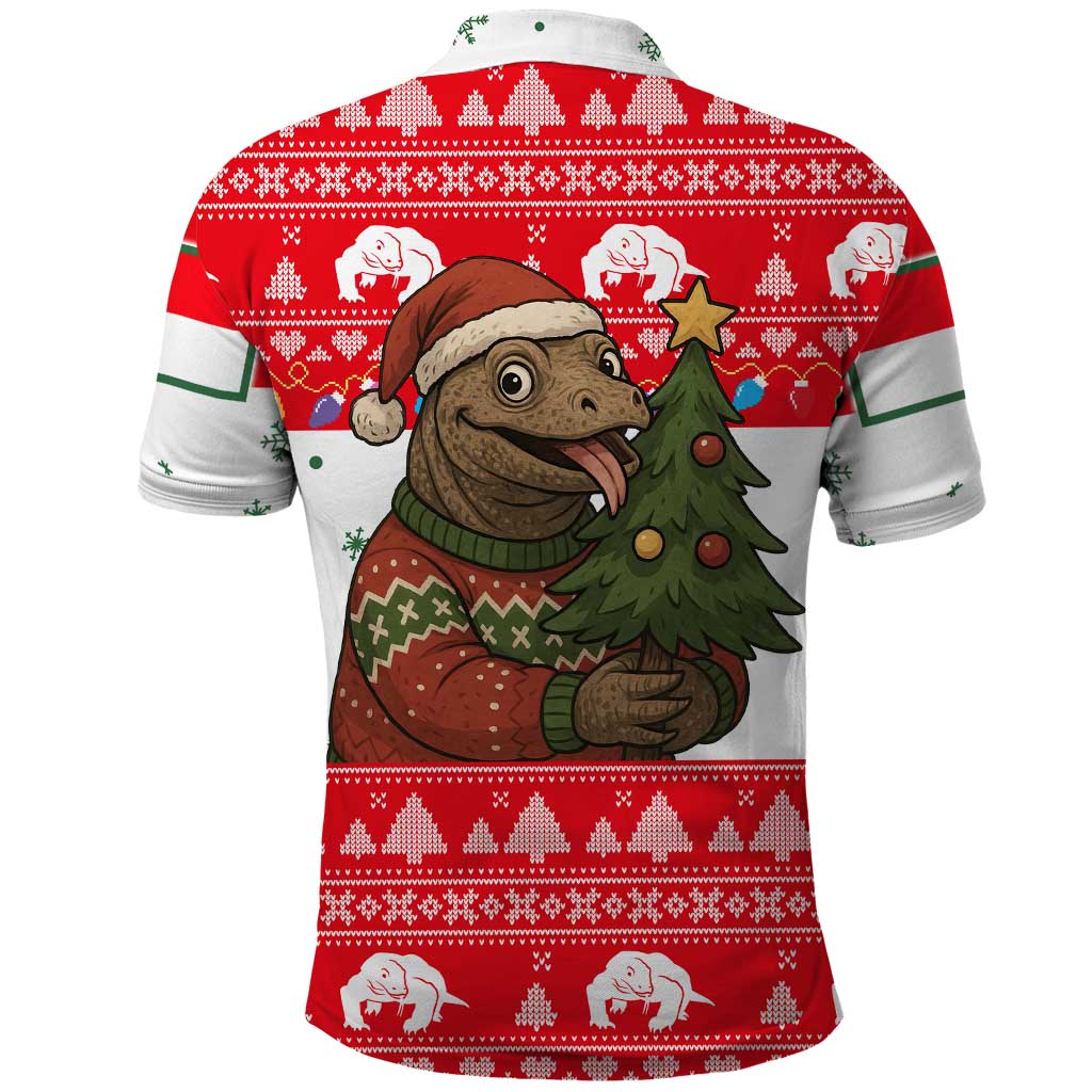 Indonesia Christmas Polo Shirt with Komodo Dragon Santa Hat Christmas Tree and Red White Holiday - Wonder Print Shop